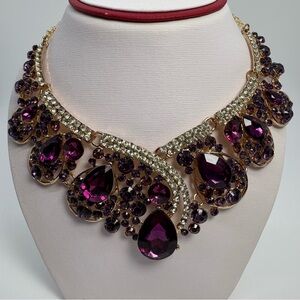 Purple And Clear Crystal Rhinestone Statement Necklace and Earrings Set
